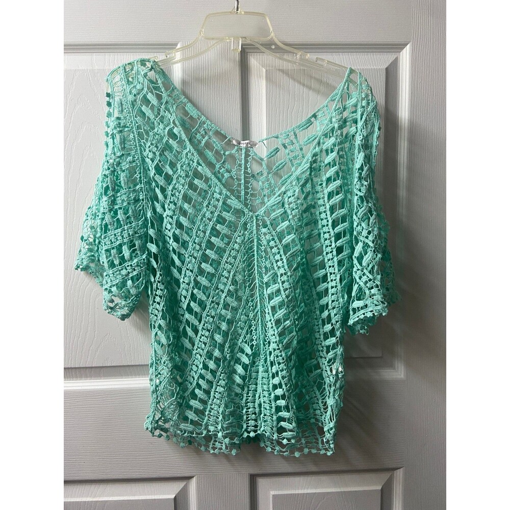 Jodiful Cold Shoulder Crochet Top Womens Medium Green V Neck Cover